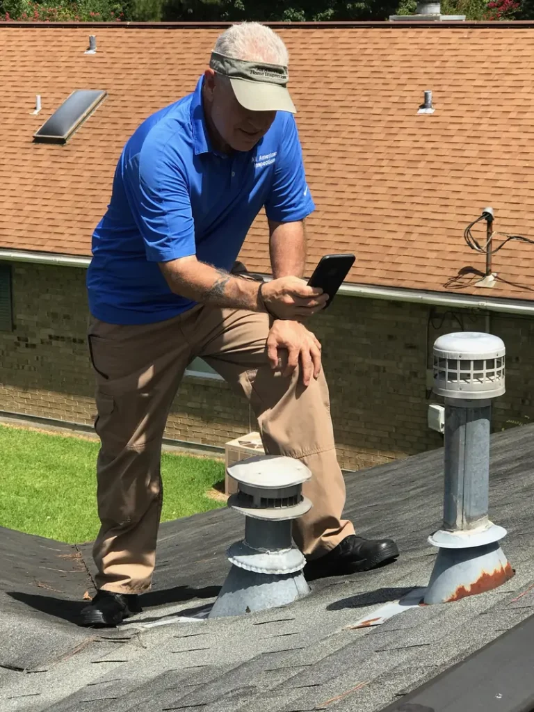 A man standing on top of the roof looking at his phone.